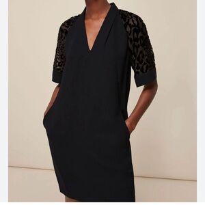 Whistles Black V-Neck Mini Dress with Lace Short Sleeves